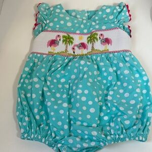 Three sisters blue polka dot smocked romper size 12 months
